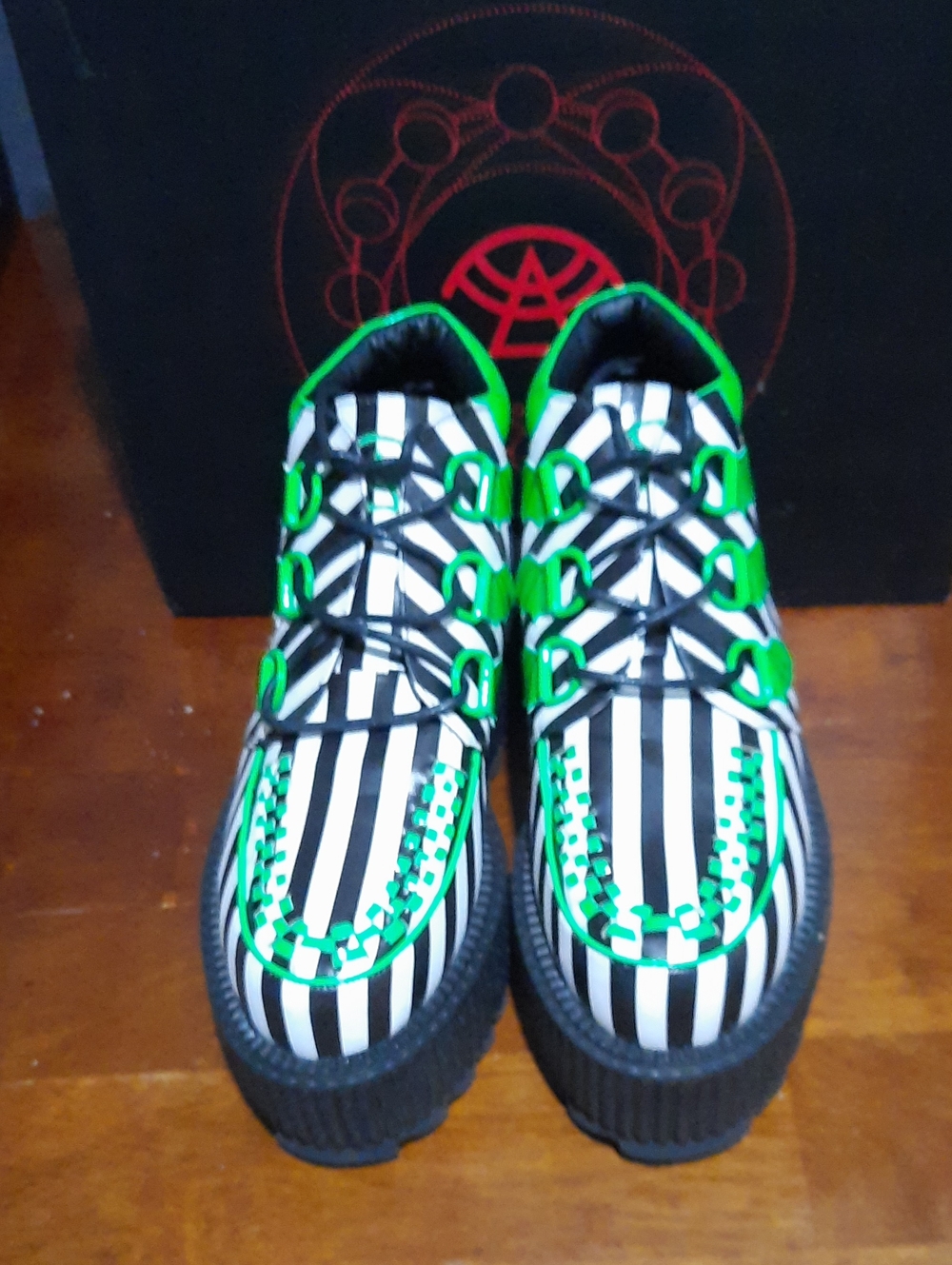 Womens Platform Creeper Shoes in Black White Stripe with Neon Green Trim